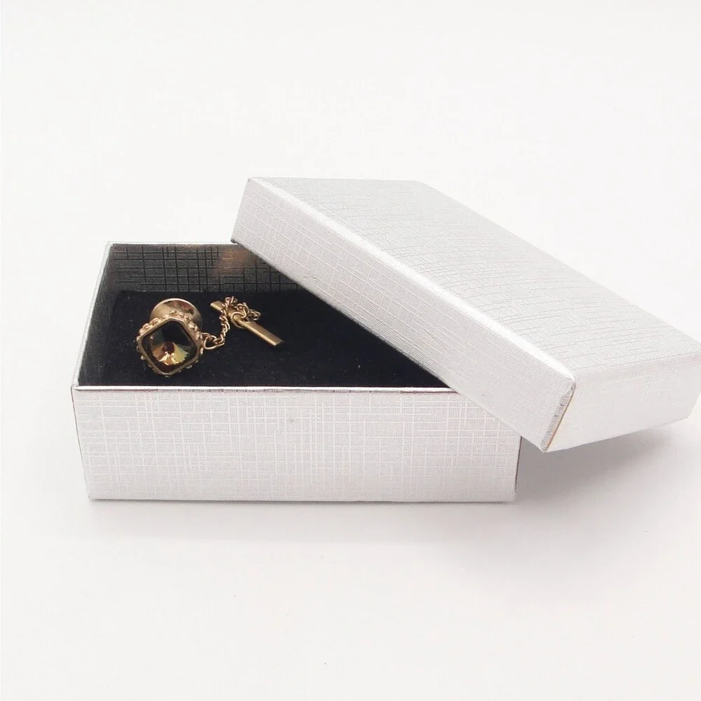 Vintage Gold Tone Square Smoky Crystal Rhinestone Tie Tac Pin Chain Wedding
